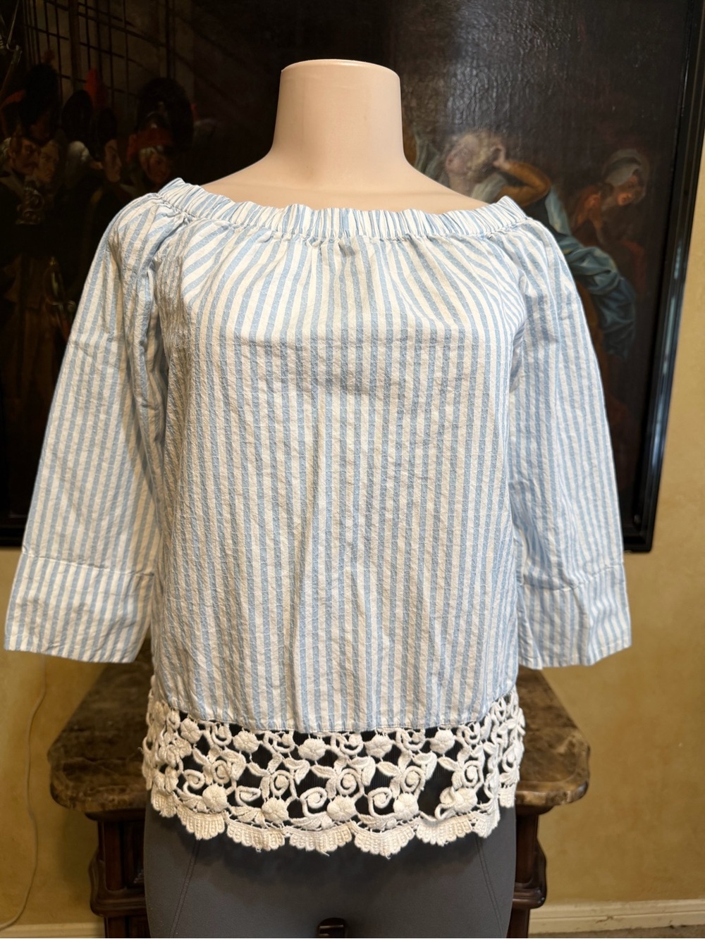 Light Blue Striped Off-Shoulder Blouse with Crochet Hem